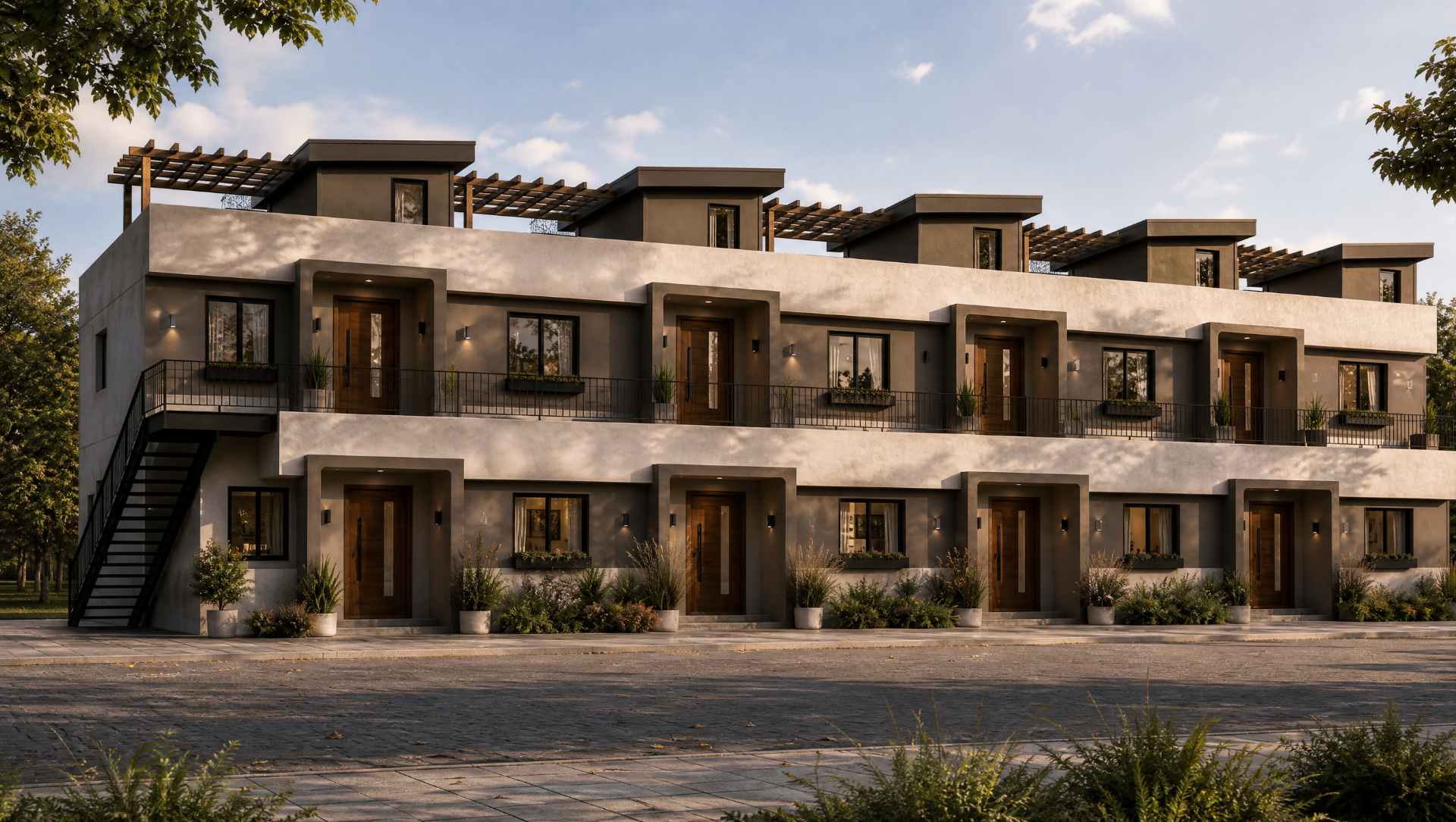 Fachada de Villa Bioma al atardecer, promoción de obra nueva en Novés (Toledo)